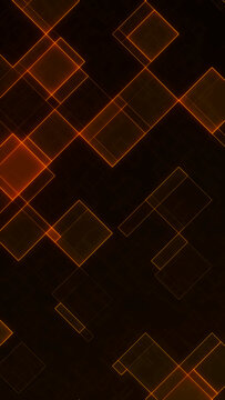 Glowing orange geometric squares on dark background, modern tech illustration with luminous grid lines and futuristic abstract structure.