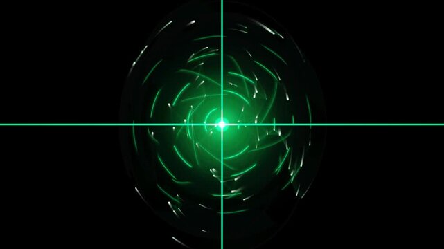 Green laser crosshair targeting a spinning vortex with glowing particle streams in deep space.