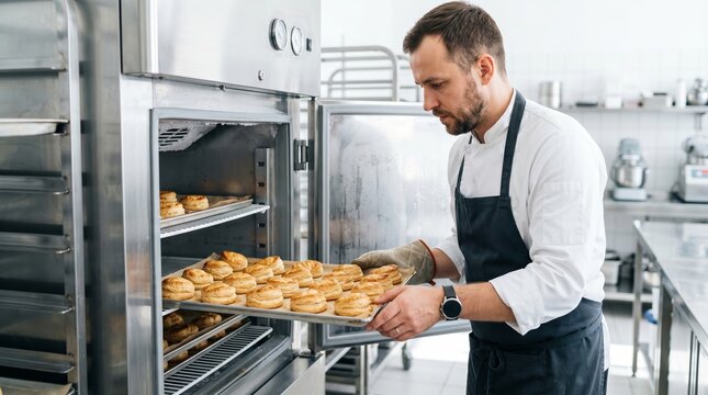 Man baker placing tray with fresh puff pastry into industrial oven in professional kitchen. Bakery production and artisan baking concept. Small business food industry