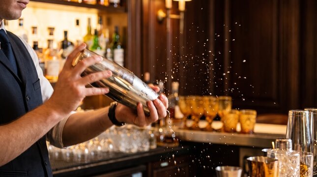 Man bartender shaking cocktail shaker with splashing liquid behind bar counter. Mixology skill and flair bartending show. Nightlife hospitality service and craft drink preparation concept