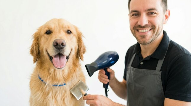 Man groomer brushing and drying golden retriever dog with hair dryer and brush. Professional pet grooming service and animal care concept. Canine hygiene and salon treatment
