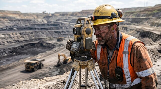 Man surveyor using total station on tripod at open pit coal mine quarry. Mining engineering and geodetic measurement for resource extraction control. Industrial construction survey concept.