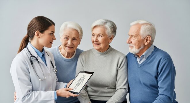 Doctor showing digital medical results to elderly couple.