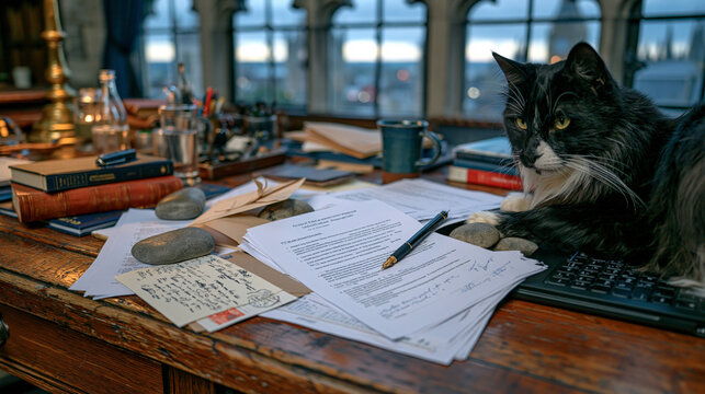 Scattered grant proposal documents weighted by smooth river stones form a symbolic still life on a weathered oak desk, overcast dramatic sky visible through arched windows casting flat diffused ligh