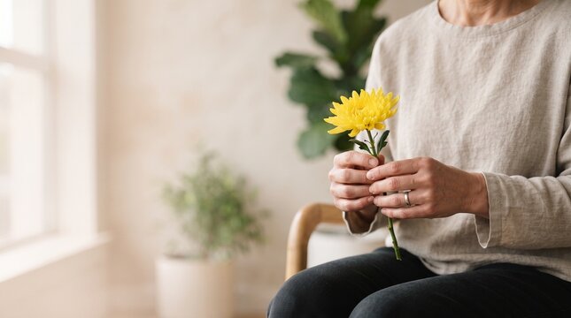 Pessoa adulta segurando delicadamente uma flor amarela sem mostrar o rosto, representando esperan&ccedil;a, acolhimento, cuidado emocional e conscientiza&ccedil;&atilde;o durante Setembro Amarelo
