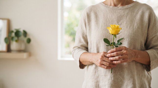 Pessoa adulta segurando delicadamente uma flor amarela sem mostrar o rosto, representando esperan&ccedil;a, acolhimento, cuidado emocional e conscientiza&ccedil;&atilde;o durante Setembro Amarelo