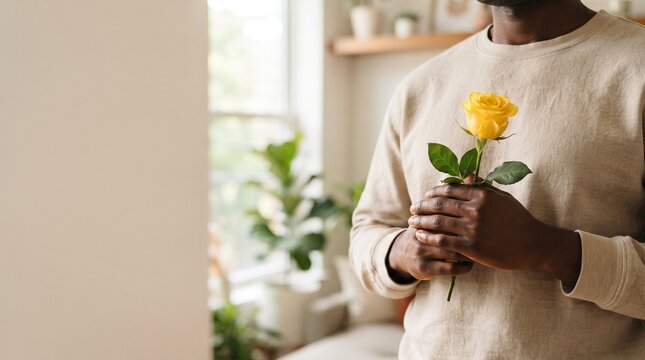 Pessoa adulta segurando delicadamente uma flor amarela sem mostrar o rosto, representando esperan&ccedil;a, acolhimento, cuidado emocional e conscientiza&ccedil;&atilde;o durante Setembro Amarelo