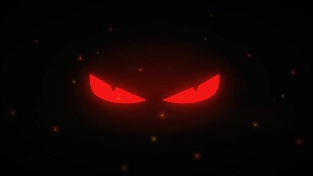 Spooky glowing red eyes with floating dust or embers in the dark Halloween loop background. Creepy red evil eyes shining in the dark with magical sparks