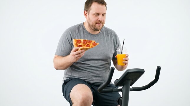 Overweight man eating pepperoni pizza slice and drinking juice while sitting on stationary exercise bike. Unhealthy lifestyle, failed diet and lack of motivation concept. Bad nutrition habit