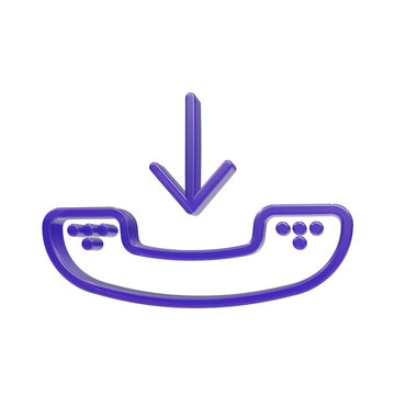 Purple 3D glass landline phone receiver call down arrow icon isolated PNG