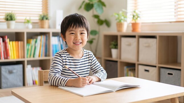 Smiling asian boy child sitting at desk writing with pencil in notebook. Happy preschool student doing homework in bright room. Early childhood education and learning development concept