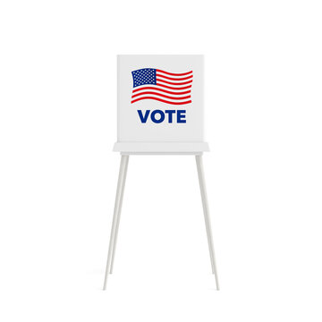 American Voting, Election, Democracy, Civic Participation And Polling Concept. White Vote Booth With USA Flag And Vote Message. 3D Rendering