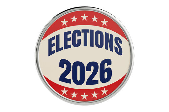 Election 2026, Voting, Democracy, Political Campaign, Civic Participation And Patriotic Badge Concept. Election Badge With Stars And Stripes On White Background. 3d Rendering