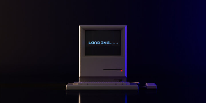 Retro Computing, Loading Process, Digital Waiting And System Startup Concept. Old Computer Displays Loading Message. 3d Rendering