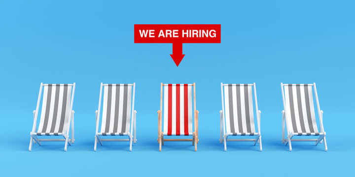 Recruitment, Hiring, Job Vacancy And Candidate Selection Concept. Five Deck Chairs With Red Center Seat And Hiring Sign. 3d Rendering