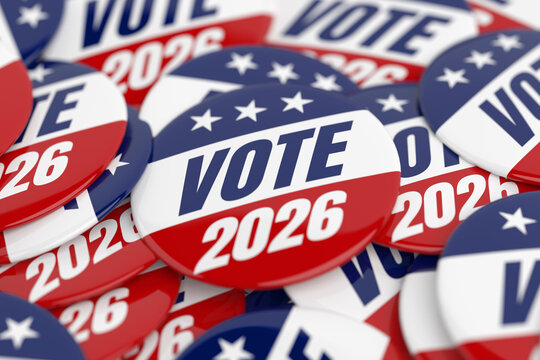 USA Election, Voting, Democracy, Political Campaign And Civic Participation Concept. Vote 2026 Badges With Stars In Red, White And Blue. 3d Rendering