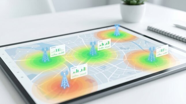 Tablet displaying city map with telecom tower coverage area and signal data chart. Wireless network optimization and 5G infrastructure monitoring concept for telecommunications analysis