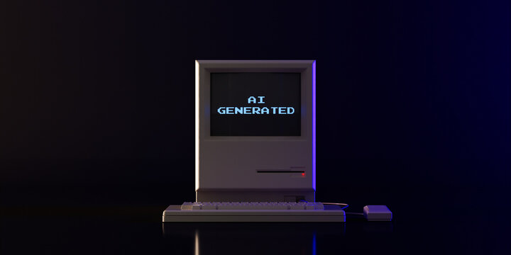Artificial Intelligence, Generative Technology, Synthetic Content And Retro Computing Concept. Old Computer Displays AI Generated Message. 3d Rendering