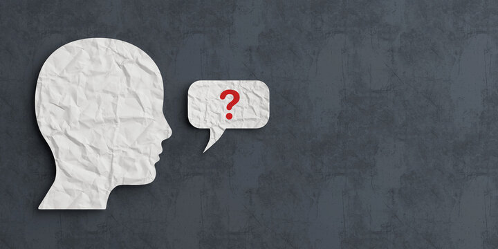 Curiosity, Question, Thinking, Communication And Uncertainty Concept. Paper Human Profile With Speech Bubble And Red Question Mark On Textured Background. 3d Rendering