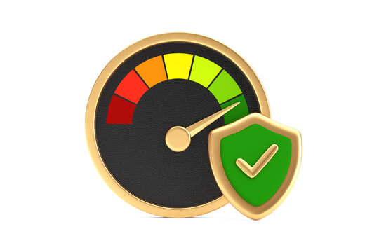 Security Performance, Protection, Safety, Reliability And Trust Concept. Green Gauge With Shield Checkmark Showing High Rating. 3d Rendering