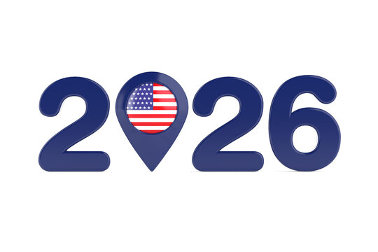 USA Elections, Voting, Political Campaign And Location Concept. Blue 2026 Numbers With American Flag Map Pin. 3d Rendering