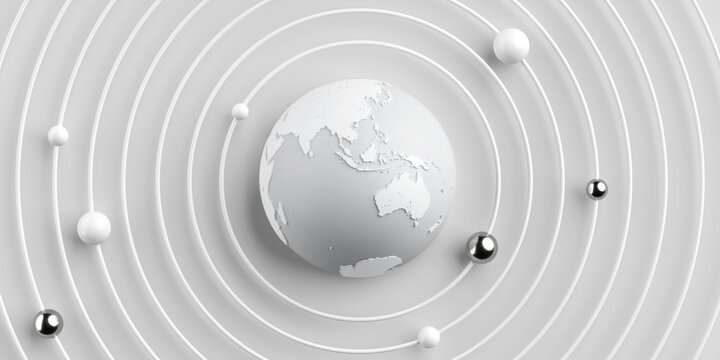 Global Connectivity, Digital Network, Communication And Technology Concept. White Globe Surrounded By Orbital Rings And Spheres On Gray Background. 3D Rendering
