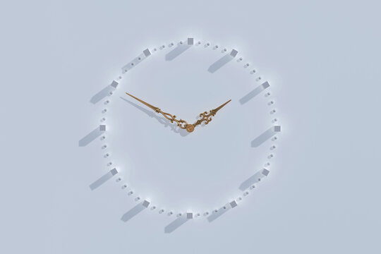 Time Management, Deadline, Schedule And Precision Concept. Minimal Clock Face With Ornate Gold Hands And White Markers On Pale Blue Background. 3D Rendering