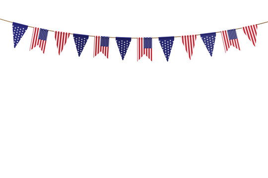 American Patriotism, Celebration, Independence And National Holiday Concept. Red White And Blue Flag Bunting Hanging On White Background With Blank Space. 3d Rendering