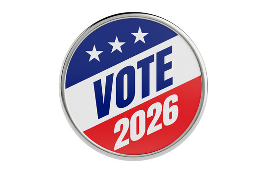 USA Election, Voting, Democracy, Campaign, Civic Participation And Political Choice Concept. Patriotic Vote 2026 Pin Badge With Stars. 3d Rendering