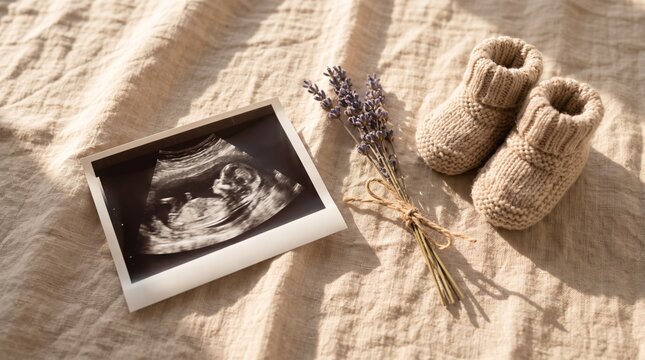 Ultrasound scan photo with knitted baby bootie and lavender bunch on linen fabric. Pregnancy announcement and expecting mother concept. Motherhood expectation and new life beginning