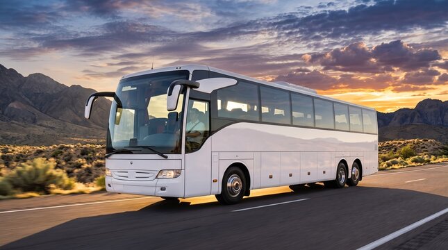 White tour bus driving on desert highway at sunset. Intercity passenger transportation and charter travel. Tourism road trip and vacation journey concept