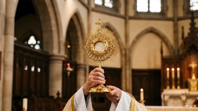 Priest holding monstrance displaying eucharist during adoration service