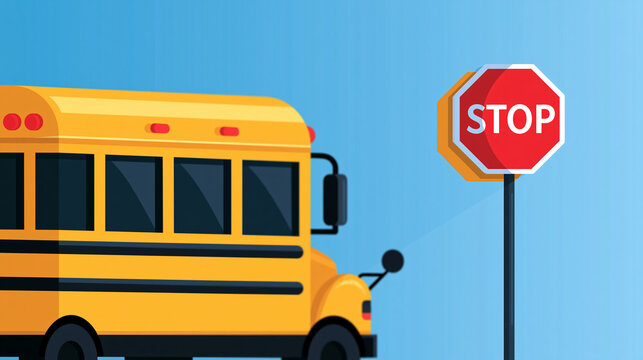 flat vector illustration of a back view of a school bus with an extended stop sign on a bright background, driving rules and tips concept, traffic education, graphic design,