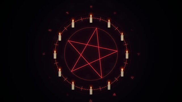 Spooky glowing red pentagram surrounded by burning candles Halloween loop background. Mystical occult circle with glowing red pentagram and candles