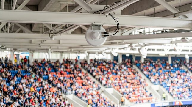 Wireless antenna mounted on stadium beam above crowded grandstand. 5G wifi network connectivity infrastructure for large venue communication during public sport event concept idea.