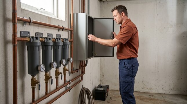 Technician servicing a commercial greywater filtration room