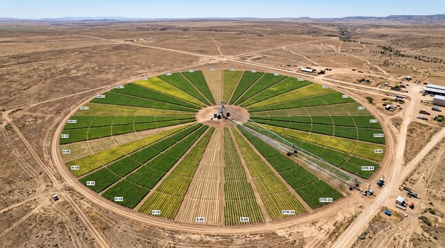 An impressive circular crop field sprawls across a dry landscape, showcasing vibrant green and yellow hues. The farming area features a central watering system and neatly arranged plots.
