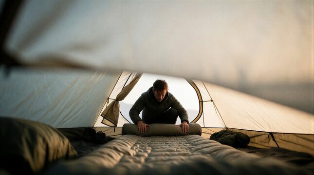 Lone male hiker sitting inside a tent during sunrise, enjoying peaceful outdoor camping and wilderness adventure.