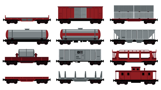A collection of twelve distinct flatstyle vector illustrations of various train freight cars arranged in a grid