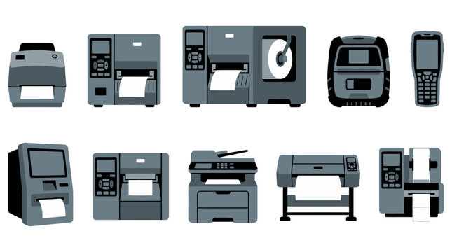 A collection of various electronic industrial printing scanning and computing devices in a flat graytoned style