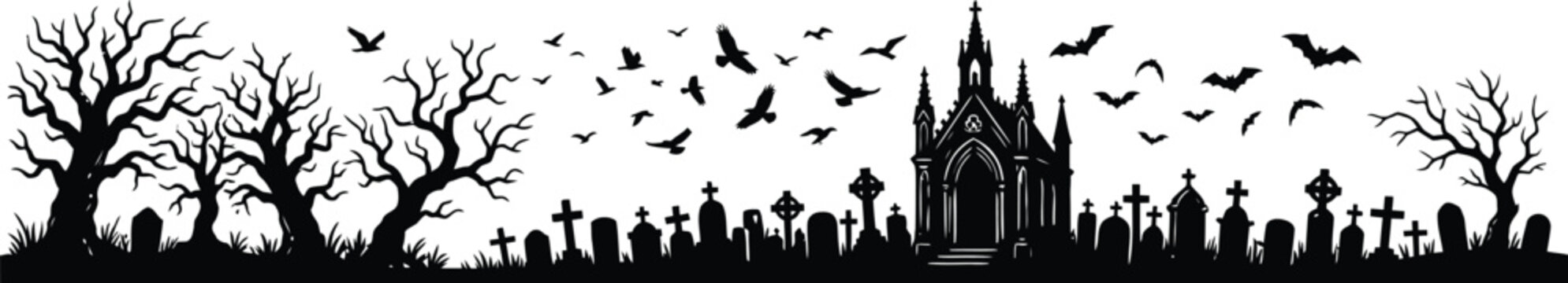 Spooky black silhouette of haunted graveyard with bats flying