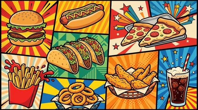 Pop art vector style fast food illustration pattern with delicious junk food: burger, fries, pizza, hot dog, crispy chicken, and double cheese.