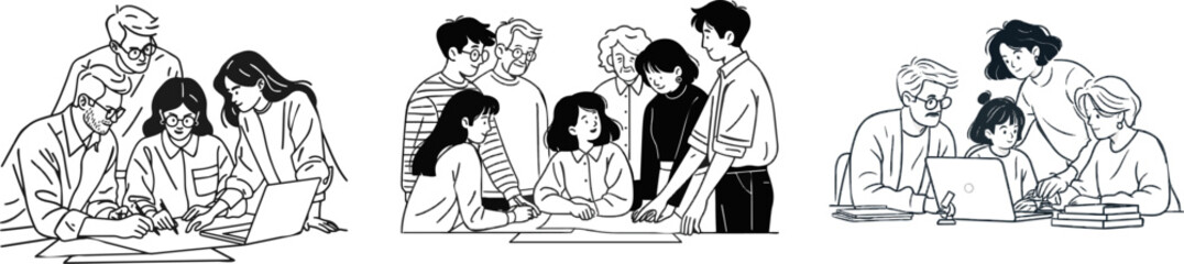 Obraz premium A black and white vector illustration depicts a multi-generational team collaborating on a strategic project with a laptop in the foreground