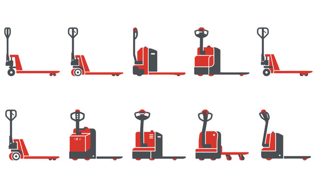 Ten varied illustrations of red and dark gray pallet jacks arranged in two horizontal rows