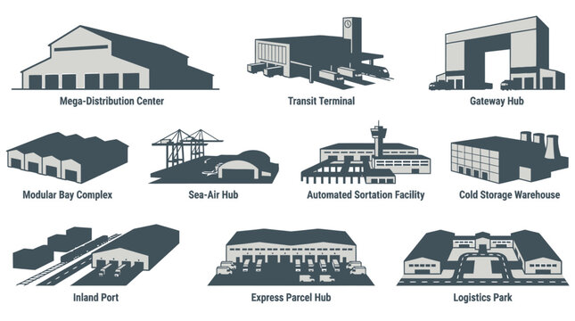Twelve illustrations of different logistics and transport facilities with descriptive text labels