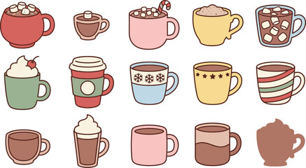 Fototapeta premium Cozy hot chocolate mugs with marshmallows and candy canes in a delightful vector illustration style