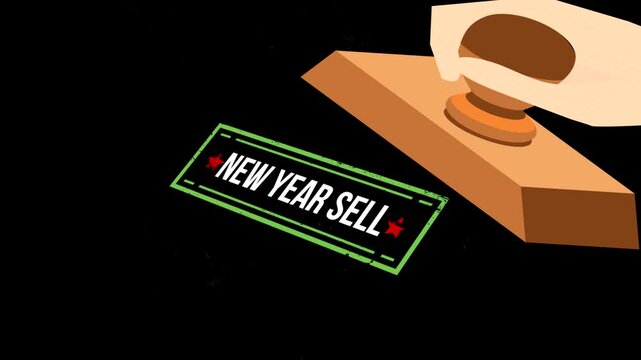 A hand holding a wooden rubber stamp marking new year sell text with smoke effects
