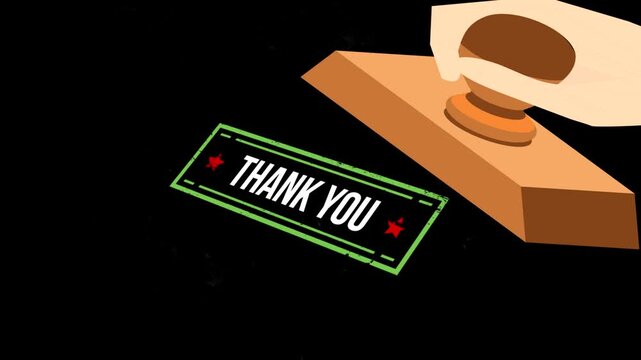 A hand holding a wooden rubber stamp marking the text thank you on a smoky background