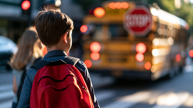 rear view of children crossing a bright street safely near a school bus with the stop sign extended, backs to camera, a crossing guard protecting students, safety concept, bright,