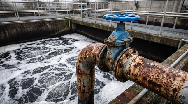 Close up of industrial blue valve on rusted metal pipe at wastewater treatment plant with aeration tank bubbling and foaming water process in background for environmental engineering